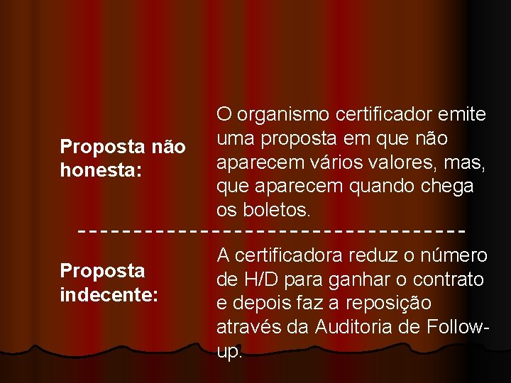 Proposta não honesta: Proposta indecente: O organismo certificador emite uma proposta em que não