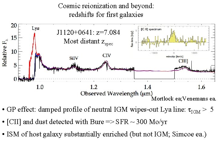 Cosmic reionization and beyond: redshifts for first galaxies J 1120+0641: z=7. 084 Most distant