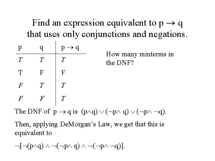 Find an expression equivalent to p q that uses only conjunctions and negations. p Find an expression equivalent to p q that uses only conjunctions and negations. p