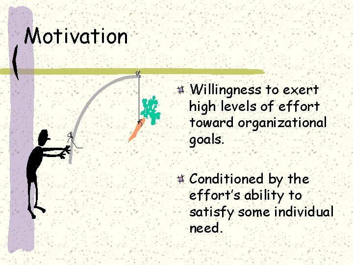 Motivation Willingness to exert high levels of effort toward organizational goals. Conditioned by the