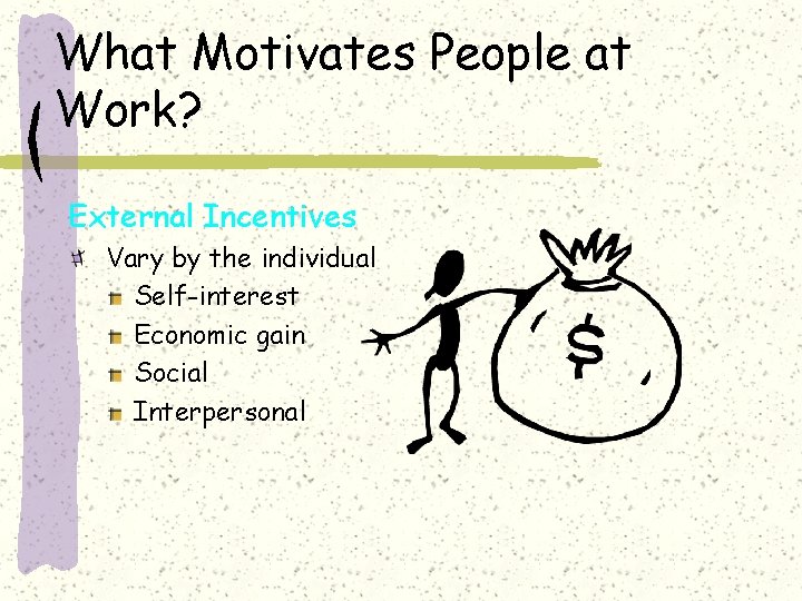 What Motivates People at Work? External Incentives Vary by the individual Self-interest Economic gain