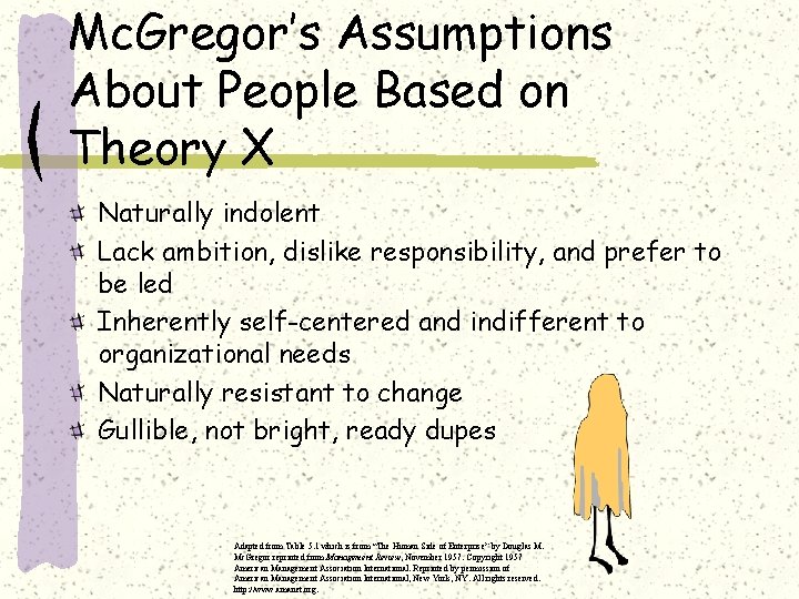 Mc. Gregor’s Assumptions About People Based on Theory X Naturally indolent Lack ambition, dislike