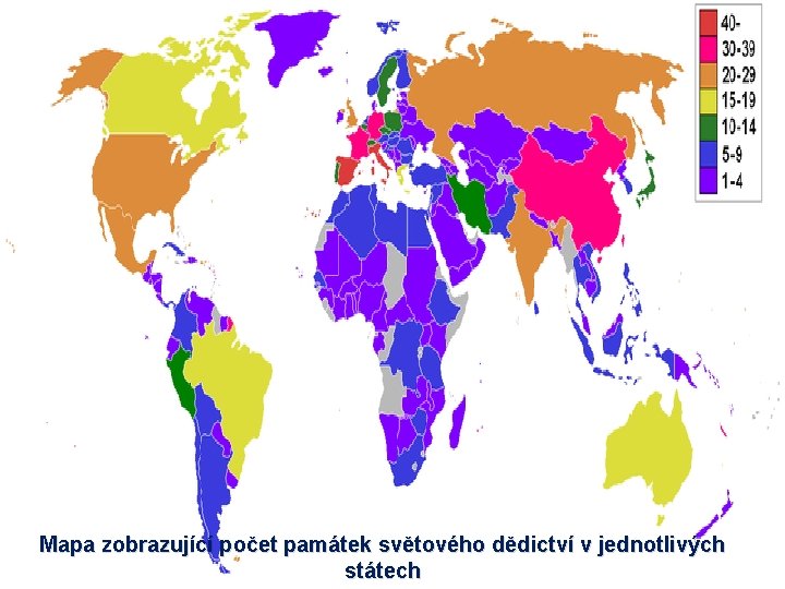 Mapa zobrazující počet památek světového dědictví v jednotlivých státech 