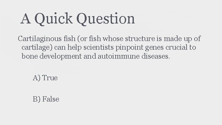 A Quick Question Cartilaginous fish (or fish whose structure is made up of cartilage) A Quick Question Cartilaginous fish (or fish whose structure is made up of cartilage)