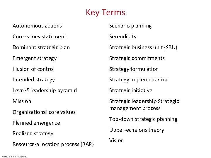 Key Terms Autonomous actions Scenario planning Core values statement Serendipity Dominant strategic plan Strategic