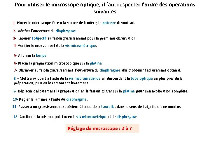 Pour utiliser le microscope optique, il faut respecter l’ordre des opérations suivantes 1 -