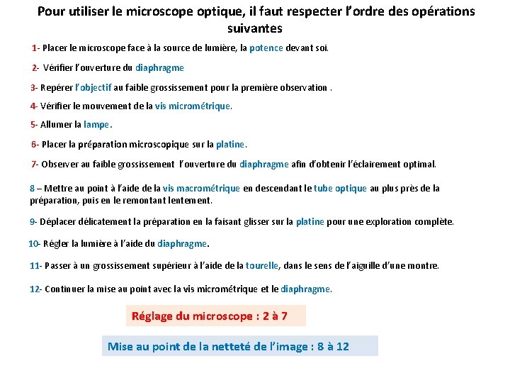 Pour utiliser le microscope optique, il faut respecter l’ordre des opérations suivantes 1 -