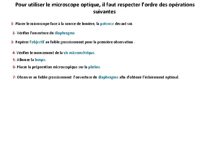 Pour utiliser le microscope optique, il faut respecter l’ordre des opérations suivantes 1 -