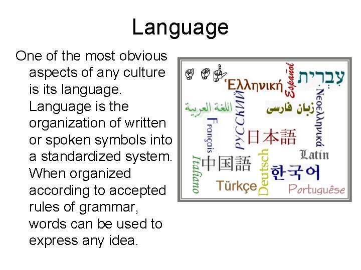 Language One of the most obvious aspects of any culture is its language. Language