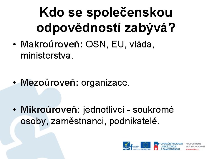Kdo se společenskou odpovědností zabývá? • Makroúroveň: OSN, EU, vláda, ministerstva. • Mezoúroveň: organizace.