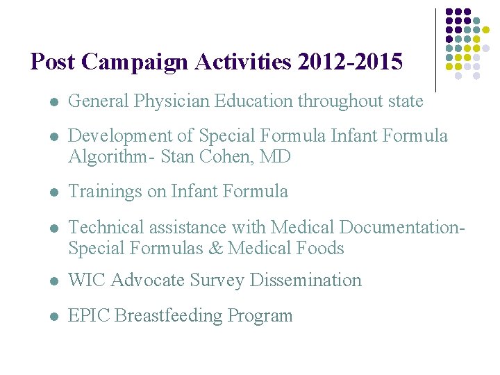 Post Campaign Activities 2012 -2015 l General Physician Education throughout state l Development of