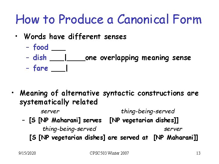 How to Produce a Canonical Form • Words have different senses – food ___