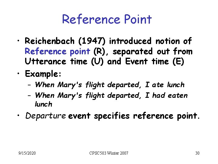 Reference Point • Reichenbach (1947) introduced notion of Reference point (R), separated out from