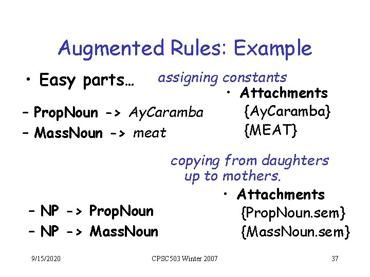Augmented Rules: Example assigning constants • Attachments {Ay. Caramba} – Prop. Noun -> Ay.