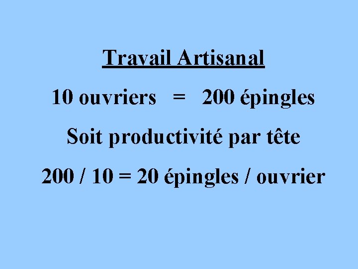 Travail Artisanal 10 ouvriers = 200 épingles Soit productivité par tête 200 / 10