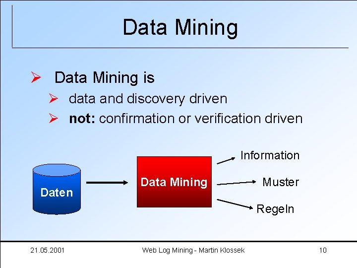 Data Mining Ø Data Mining is Ø data and discovery driven Ø not: confirmation