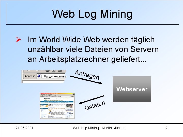 Web Log Mining Ø Im World Wide Web werden täglich unzählbar viele Dateien von