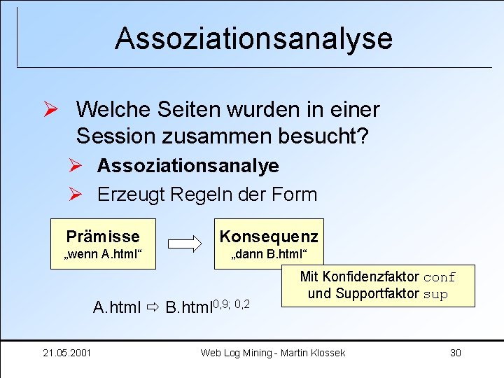 Assoziationsanalyse Ø Welche Seiten wurden in einer Session zusammen besucht? Ø Assoziationsanalye Ø Erzeugt