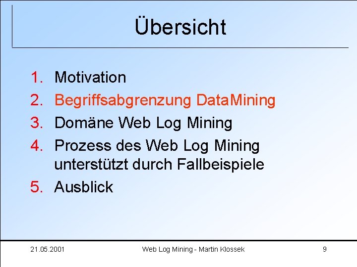 Übersicht 1. 2. 3. 4. Motivation Begriffsabgrenzung Data. Mining Domäne Web Log Mining Prozess