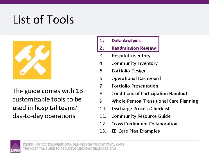 List of Tools The guide comes with 13 customizable tools to be used in