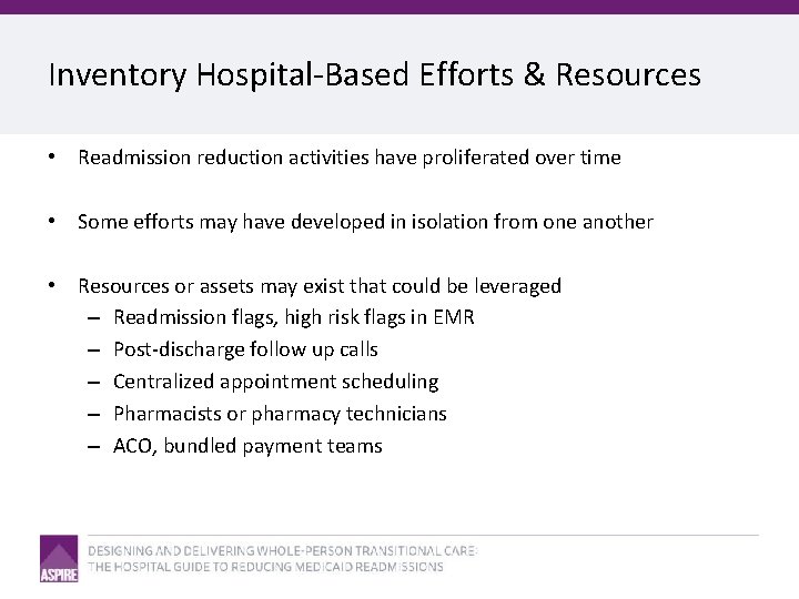 Inventory Hospital-Based Efforts & Resources • Readmission reduction activities have proliferated over time •