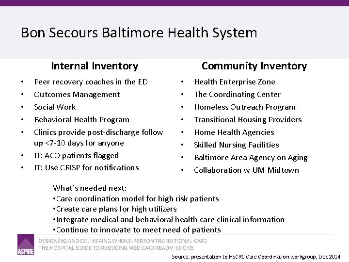 Bon Secours Baltimore Health System Internal Inventory • • Peer recovery coaches in the