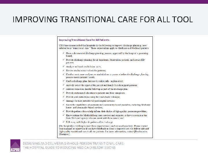 IMPROVING TRANSITIONAL CARE FOR ALL TOOL 