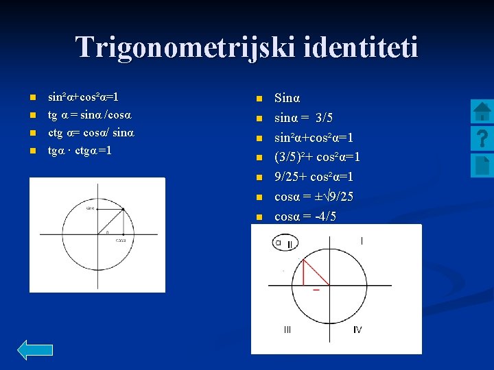 Trigonometrijski identiteti n n sin²α+cos²α=1 tg α = sinα /cosα ctg α= cosα/ sinα