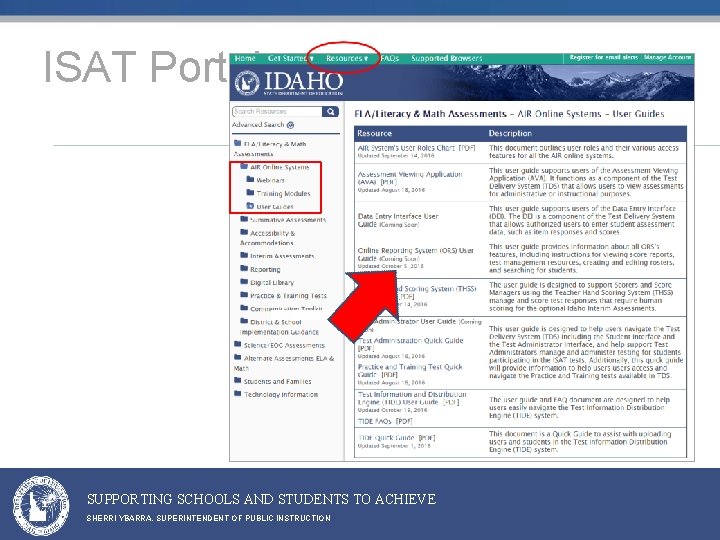 ISAT Portal SUPPORTING SCHOOLS AND STUDENTS TO ACHIEVE SHERRI YBARRA, SUPERINTENDENT OF PUBLIC INSTRUCTION ISAT Portal SUPPORTING SCHOOLS AND STUDENTS TO ACHIEVE SHERRI YBARRA, SUPERINTENDENT OF PUBLIC INSTRUCTION