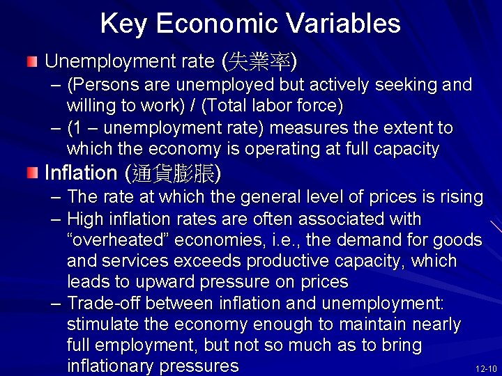 Key Economic Variables Unemployment rate (失業率) – (Persons are unemployed but actively seeking and
