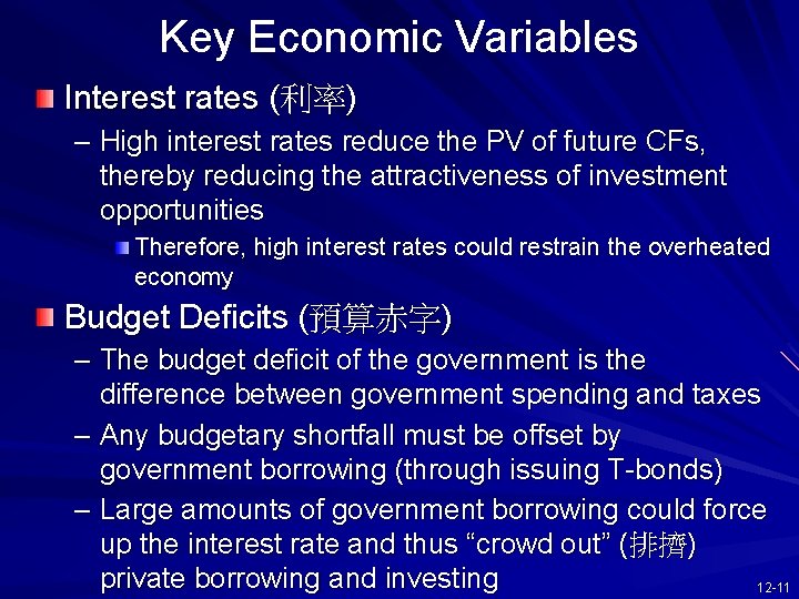 Key Economic Variables Interest rates (利率) – High interest rates reduce the PV of