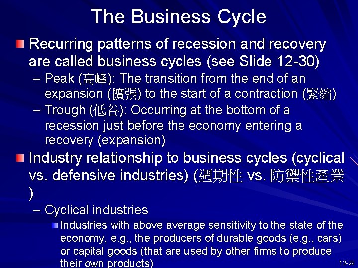 The Business Cycle Recurring patterns of recession and recovery are called business cycles (see