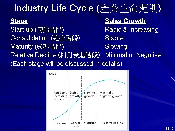 Industry Life Cycle (產業生命週期) Stage Sales Growth Start-up (初始階段) Rapid & Increasing Consolidation (強化階段)