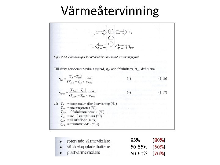 Värmeåtervinning 85% (80%) 50 -55% (50%) 50 -60% (70%) 