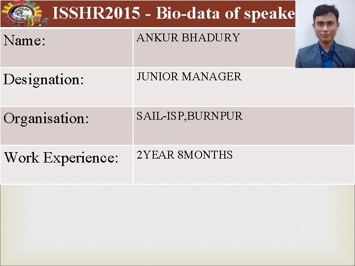 ISSHR 2015 - Bio-data of speaker Space for Name: ANKUR BHADURY Designation: JUNIOR MANAGER