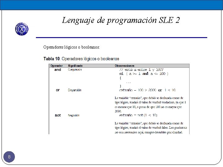 Lenguaje de programación SLE 2 Operadores lógicos o booleanos: 8 