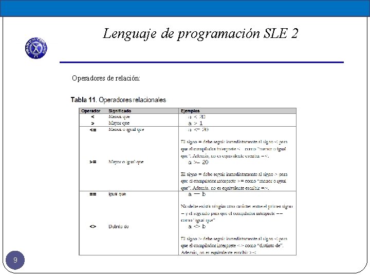 Lenguaje de programación SLE 2 Operadores de relación: 9 