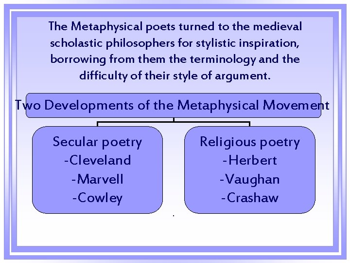 The Metaphysical poets turned to the medieval scholastic philosophers for stylistic inspiration, borrowing from