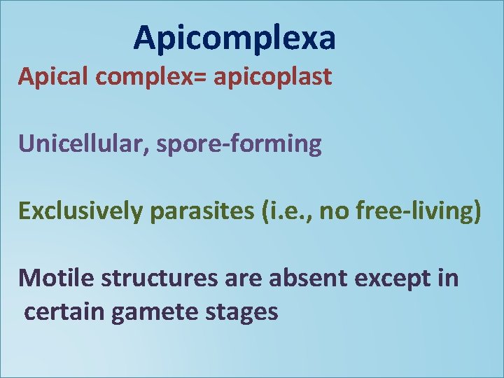 Apicomplexa Apical complex= apicoplast Unicellular, spore-forming Exclusively parasites (i. e. , no free-living) Motile