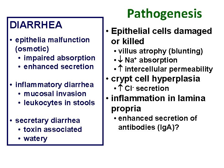 DIARRHEA • epithelia malfunction (osmotic) • impaired absorption • enhanced secretion • inflammatory diarrhea