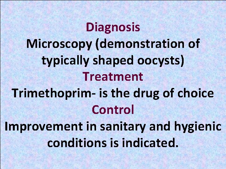 Diagnosis Microscopy (demonstration of typically shaped oocysts) Treatment Trimethoprim- is the drug of choice