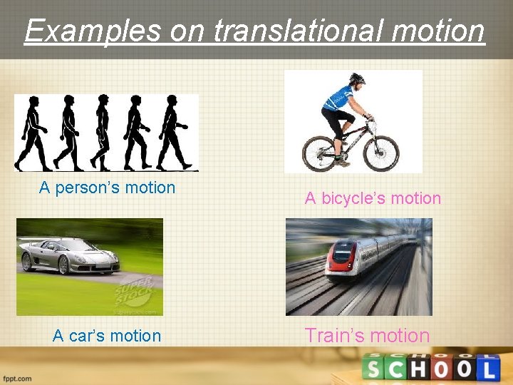 Examples on translational motion A person’s motion A car’s motion A bicycle’s motion Train’s Examples on translational motion A person’s motion A car’s motion A bicycle’s motion Train’s