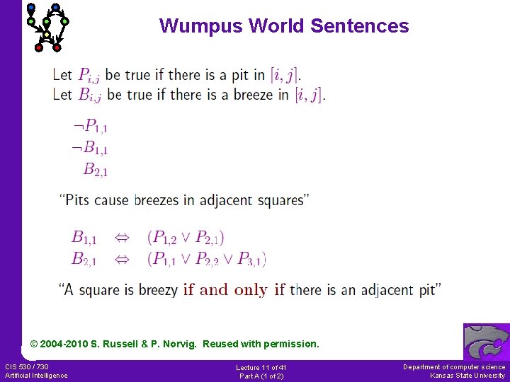 Wumpus World Sentences © 2004 -2010 S. Russell & P. Norvig. Reused with permission.