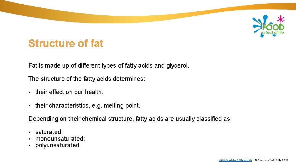 Structure of fat Fat is made up of different types of fatty acids and