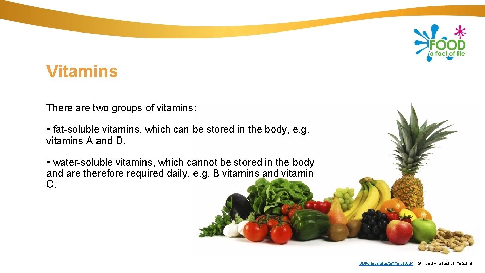 Vitamins There are two groups of vitamins: • fat-soluble vitamins, which can be stored