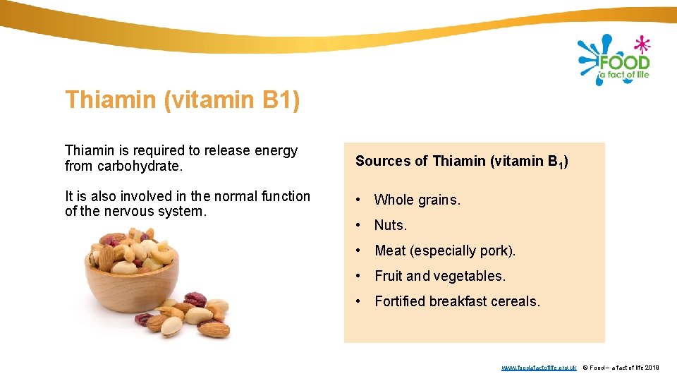 Thiamin (vitamin B 1) Thiamin is required to release energy from carbohydrate. Sources of