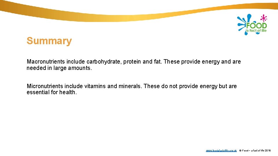 Summary Macronutrients include carbohydrate, protein and fat. These provide energy and are needed in