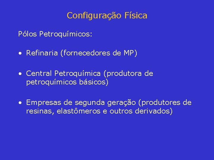 Configuração Física Pólos Petroquímicos: • Refinaria (fornecedores de MP) • Central Petroquímica (produtora de