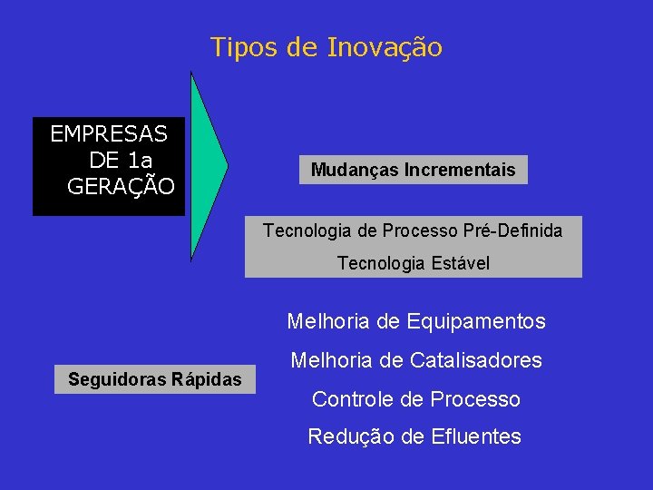 Tipos de Inovação EMPRESAS DE 1 a GERAÇÃO Mudanças Incrementais Tecnologia de Processo Pré-Definida