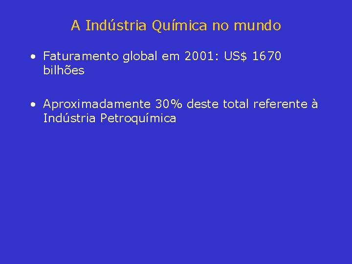 A Indústria Química no mundo • Faturamento global em 2001: US$ 1670 bilhões •